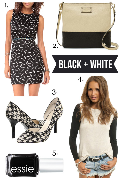 Jenny in Jacquard; NYC fashion blogger; style blog; shopping roundup; Forever 21 Electric Lightning Dress; Kate Spade Grove Cort Cora black and cream color block crossbody bag; Anne Klein black and white houndstooth pump; Essie Licorice black nail polish; Tobi Not So Basic Shirt