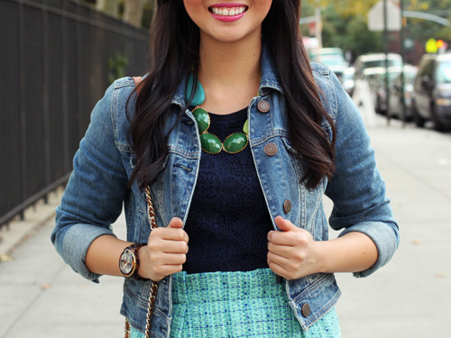 Jenny in Jacquard; NYC fashion blogger; style blog; outfit photos; American Eagle denim jacket; J.Crew navy lace shirt; J.Crew turquoise mint tweed skirt; David Aubrey blue and green necklace; Michael Kors tortoise bf watch; Rebecca Minkoff BF crossbody bag; Steve Madden blush Heaven flats