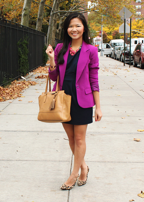 Jenny in Jacquard; NYC fashion blogger; style blog; outfit photos; Forever 21 navy work dress; Forever 21 purple blazer; David Aubrey pink and gray necklace; Coach Candace carryall tote; DVF April leopard pumps; Juicy Couture maroon bracelet