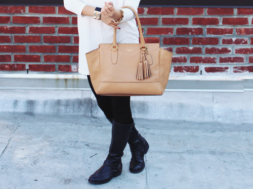 Jenny in Jacquard; NYC fashion blogger; style blog; outfit photos; fall outfit; Zara cream long sleeve tunic; Uniqlo HeatTech black leggings; Spike the Punch Madelyn black chain quartz stone necklace; Joe Fresh cuff; Coach Candace carryall tote bag in camel; Steve Madden black riding boots