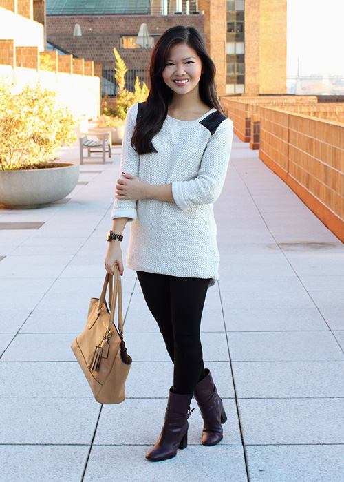 Jenny in Jacquard; NYC fashion blogger; style blog; outfit photos; how to wear oversized sweaters; Zara TRF leather shoulder panel gray sweater; Uniqlo HeatTech black leggings; Diane von Furstenberg DVF Bordeaux Yardley boots; Coach Candace carryall tote in camel; Michael Kors boyfriend tortoise watch