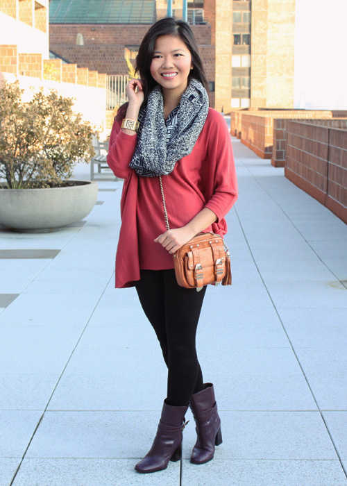 Jenny in Jacquard; NYC fashion blogger; style blog; outfit photos; H&M oversized coral sweater; Gap navy chunky infinity scarf; Uniqlo HeatTech black leggings; DVF Diane von Furstenberg Yardley boots in bordeux, Rebecca Minkoff BF crossbody bag in cognac; CC Skye Maize gold bracelet