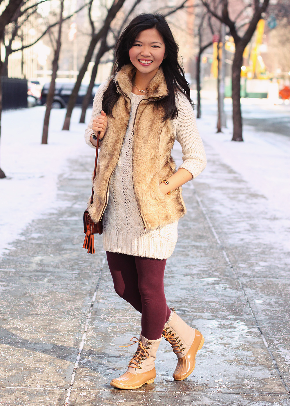 Jenny in Jacquard; NYC fashion blogger; style blog; outfit photo; winter outfit; Zara cream sweater knit dress; Zara Girl faux fur vest; Forever 21 maroon oxblood leggings; Sperry Top-Sider x J.Crew Shearwater snow boots; Coach Legacy Penny crossbody bag in cognac; Michael Kors tortoise gold boyfriend watch; Sequin heart necklace