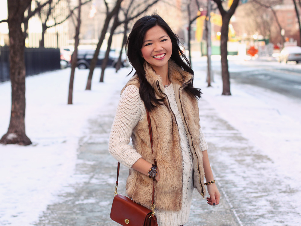 Jenny in Jacquard; NYC fashion blogger; style blog; outfit photo; winter outfit; Zara cream sweater knit dress; Zara Girl faux fur vest; Forever 21 maroon oxblood leggings; Sperry Top-Sider x J.Crew Shearwater snow boots; Coach Legacy Penny crossbody bag in cognac; Michael Kors tortoise gold boyfriend watch; Sequin heart necklace