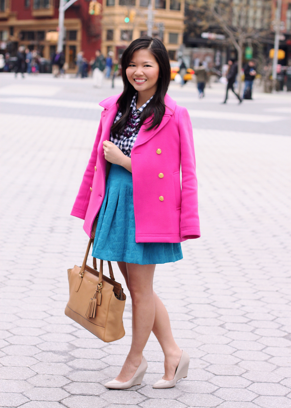 Skirt The Rules; NYC fashion blogger; style blog; how to transition from winter to spring; J.Crew hot pink majesty stadium cloth coat; J.Crew Factory navy gingham button up shirt; Kirna Zabete for Target turquoise jacquard skirt; Coach Candace carryall tote in camel; New York & Co. purple stone necklace; C. Wonder snake skinny cuff; Pour La Victoire Mai wedge
