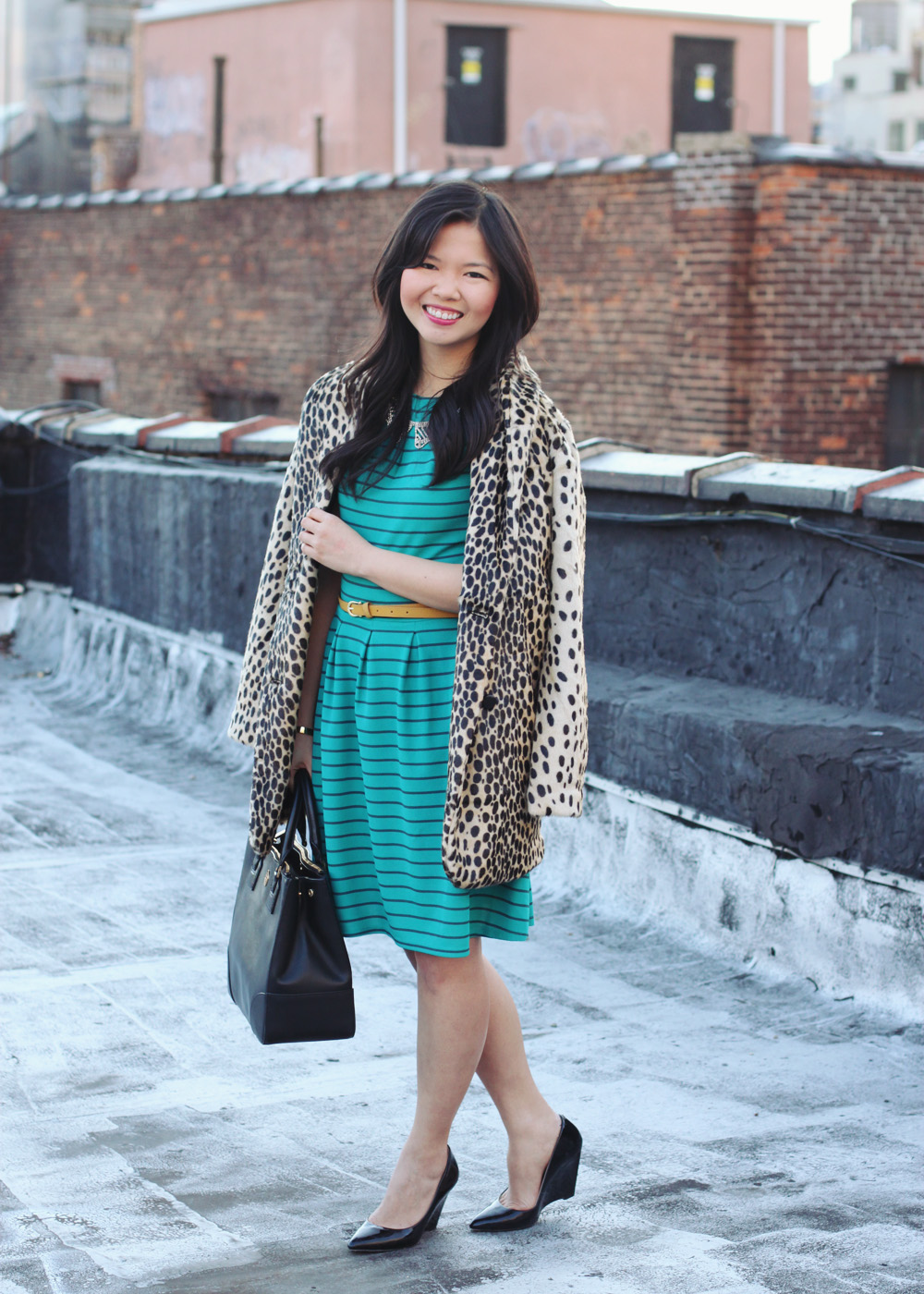 Skirt The Rules Blog; NYC fashion blogger; style blog; spring outfit photo; ASOS leopard coat; Target turquoise black striped dress; JewelMint crystal gold collar necklace; H&M yellow skinny belt; Tory Burch Robinson black tote; C. Wonder skinny initial cuff; Pour La Victoire black wedge pumps