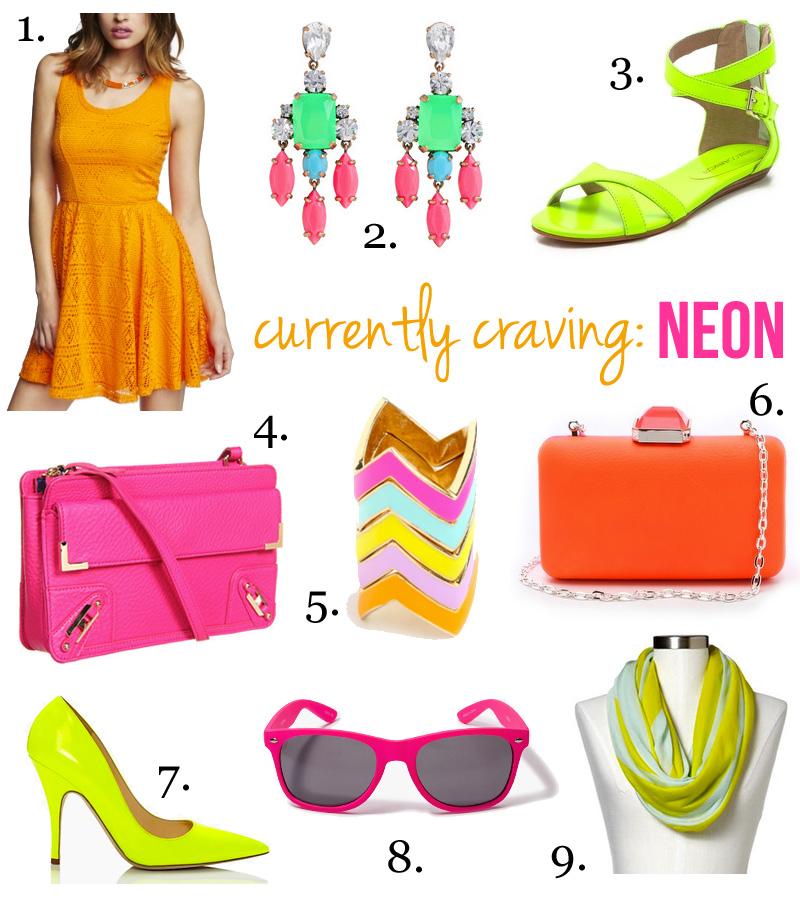 Skirt The Rules Blog; NYC fashion blogger; style blog; neon shopping ideas; Express neon lace skater dress in tangerine; J.Crew color collage earrings; Rebecca Minkoff Bettina neon flat sandals; Rebecca Minkoff metal corner clutch; Atlantic-Pacific x BaubleBar chevron ring stack; Overture Judith Leiber Jamie neon colorblock clutch; Kate Spade Licorice neon yellow pumps; Forever 21 neon pink wayfarer sunglasses; Gap bright cowlneck scarf 