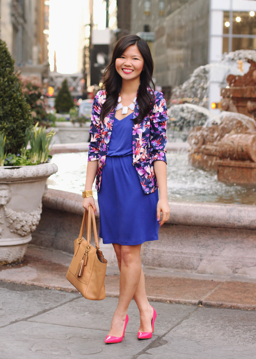 Skirt The Rules Blog; NYC fashion blogger; style blog; spring outfit photos; Forever 21 floral blazer; Gap blue jersey dress; Banana Republic white sparkle stone necklace; CC Skye geometric gold bracelet; Essie Play Date nail polish; ShoeMint Kaylen neon pink pump; Coach Candace carry all tote in camel