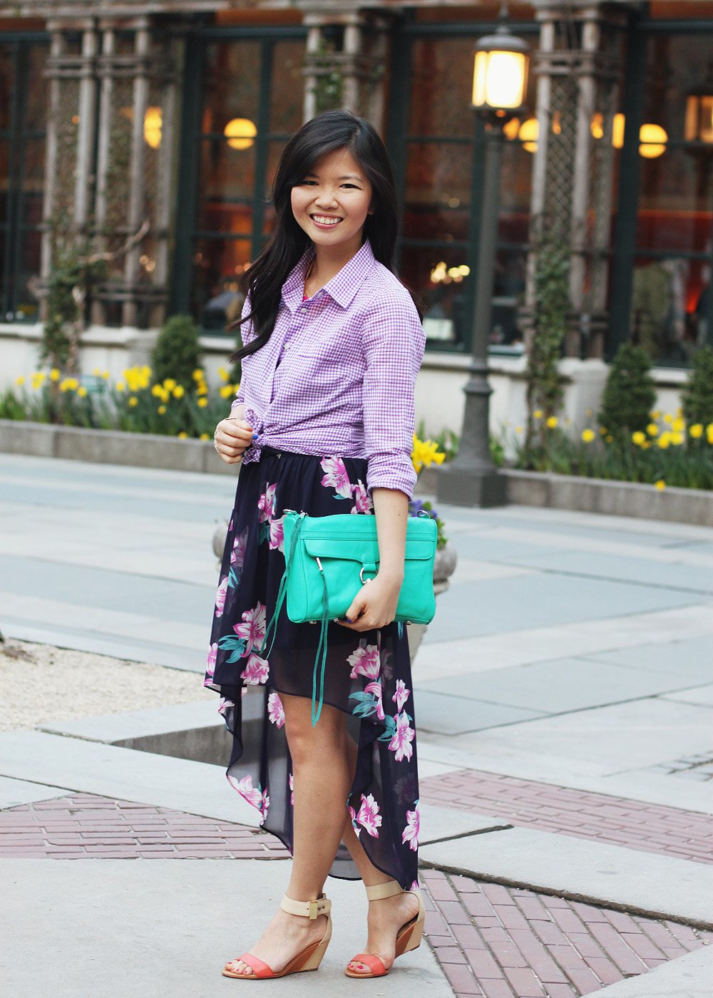 Skirt The Rules Blog; NYC fashion blogger; style blog; spring outfit photos; J.Crew Factory purple gingham shirt; Love Culture Floral Print High Low Dress; Rebecca Minkoff Turquoise MAC Clutch; BaubleBar pink tab necklace; J.Crew pave square link bracelet; Essie Butler Please; Sam Edelman colorblock wedge