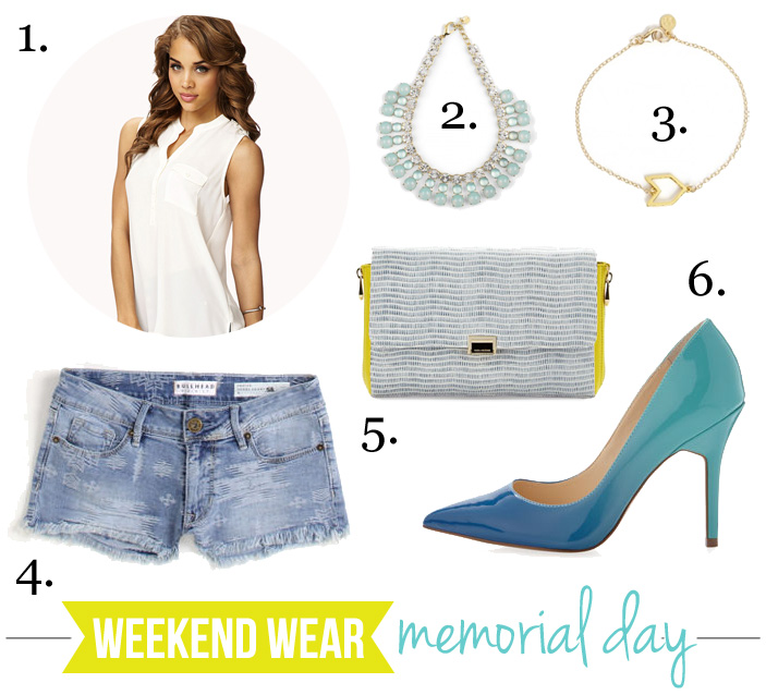 Skirt The Rules Blog; NYC fashion blogger; style blog; spring style collage; what to wear on Memorial Day Weekend; Forever 21 sleeveless white top; PacSun Bullhead cutoff denim shorts; C. Wonder crystal ball bling drama mint statement necklace; Gorgana x BaubleBar gold chevron bracelet; Pour La Victoire Morandi Lizard-Embossed Clutch Bag; Boutique 9 Orson Ombre Blue Pump