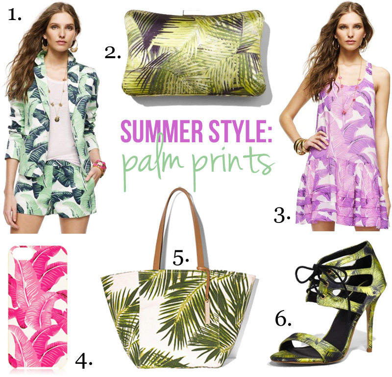 Skirt The Rules Blog; NYC fashion blogger; style blog; summer shopping collage; summer trends; palm prints; Juicy Couture Palmetto palm print blazer and shorts; Express palm print hard case clutch; Juicy Couture Palmetto pink palm print tank dress; Juicy Couture pink palm leaf iPhone 5 case; Vince Camuto Coco palm print tote