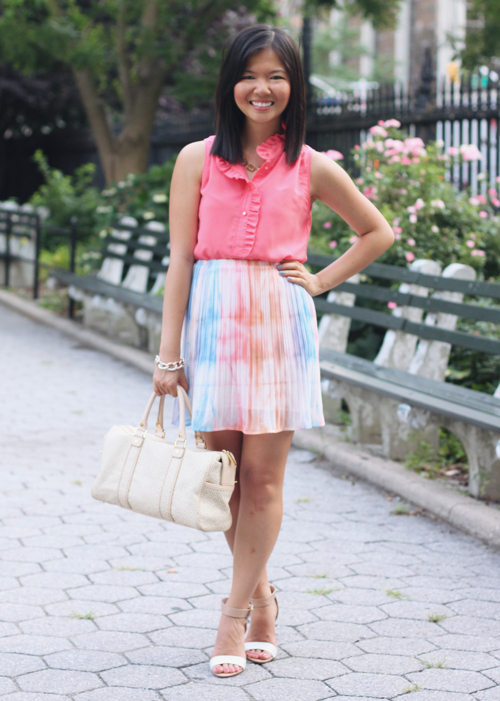 Skirt The Rules Blog; NYC fashion blogger; style blog; summer outfit photos; J.Crew Factory coral sleeveless blouse; Gentle Fawn Society pastel pleated skirt; Tory Burch straw summer satchel bag; C. Wonder crystal necklace; Derng rosegold pave link bracelet; Zara white nude colorblock heels