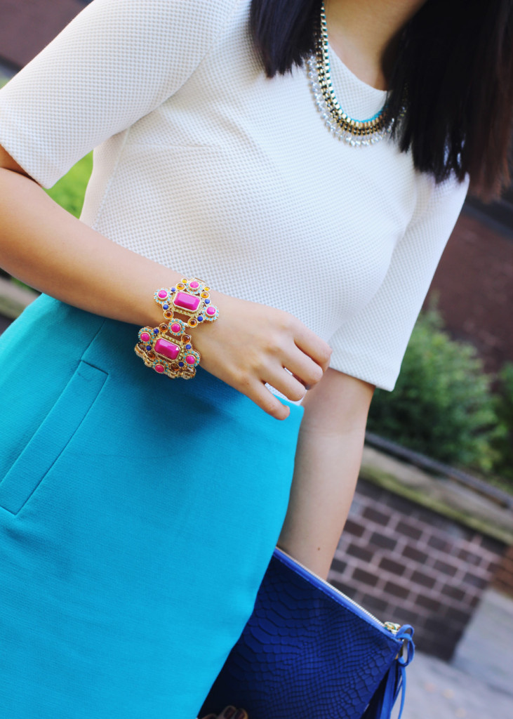 Skirt The Rules Blog; NYC fashion blogger; style blog; how to wear bright colors for fall; H&M textured structure shoulder top; Banana Republic welt pocket turquoise skirt; T&J Designs Crystal Necklace; Gigi New York All in One cobalt snake embossed clutch; Diane von Furstenberg DVF leopard calf hair pumps