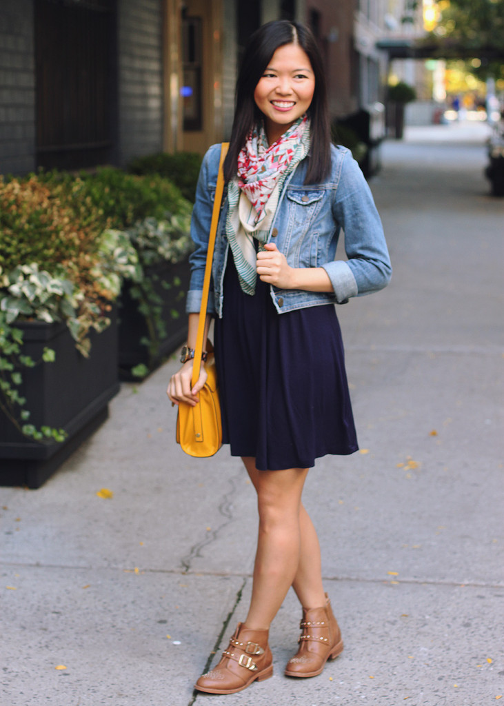 Skirt The Rules Blog; NYC fashion blogger; fall fashion; how to wear boots with a dress; Forever 21 navy dress; Forever 21 floral scarf; American Eagle denim jacket; 3.1 Phillip Lim for Target yellow crossbody satchel bag; Michael Kors tortoise boyfriend watch; DSW cognac ankle booties
