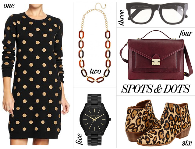 Skirt The Rules Blog; NYC fashion blogger; style blog; fall outfit collage; how to wear polka dot and leopard; Old Navy Women's Crew Neck Polka Dot Sweater Dress; BaubleBar Tortoise Oval Link Strand; Super for J.Crew Ciccio black thick rimmed eyeglasses; Loeffler Randall Ryder oxblood and gold satchel; Michael Kors Slim Runway black and gold watch; Sam Edelman Petty leopard booties
