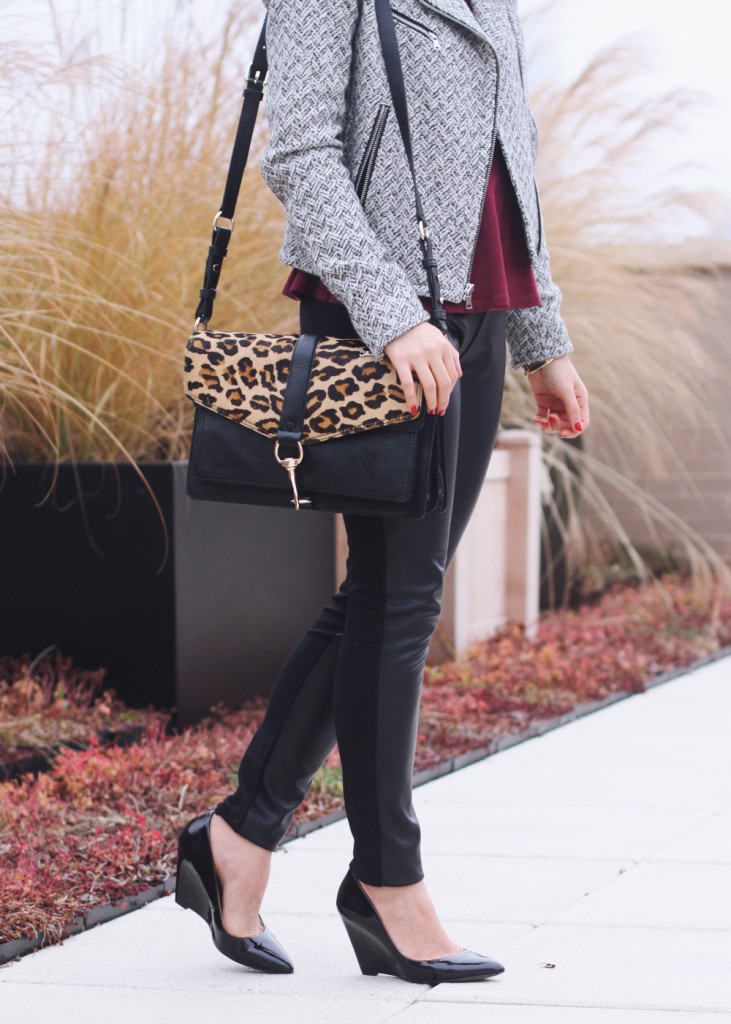Black Faux Leather Pants; Leopard Crossbody Bag
