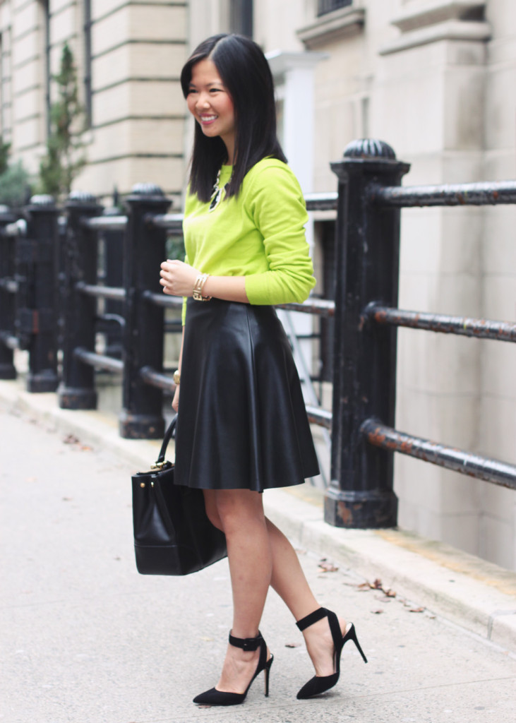 neon sweater + leather skirt