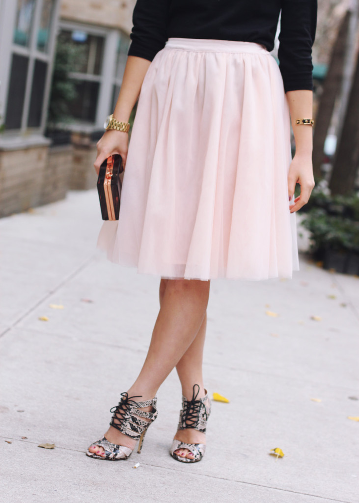 Pink Tulle Skirt; Snakeskin Lace Heels
