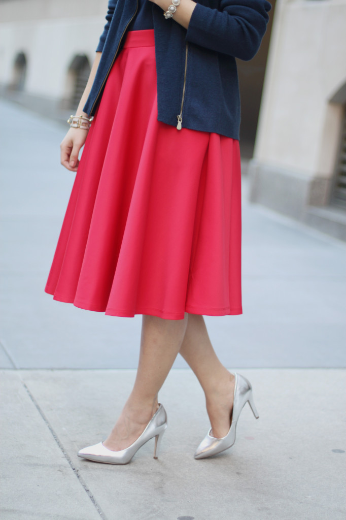 Red Midi Skirt & Silver Pumps