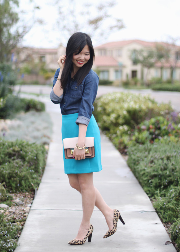 Denim Shirt & Turquoise Skirt