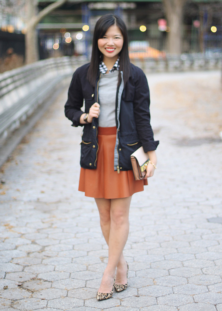 Navy Anorak & Brown Leather Skirt