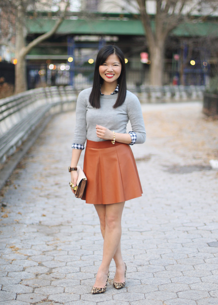 Navy Gingham Shirt & Brown Leather Skirt