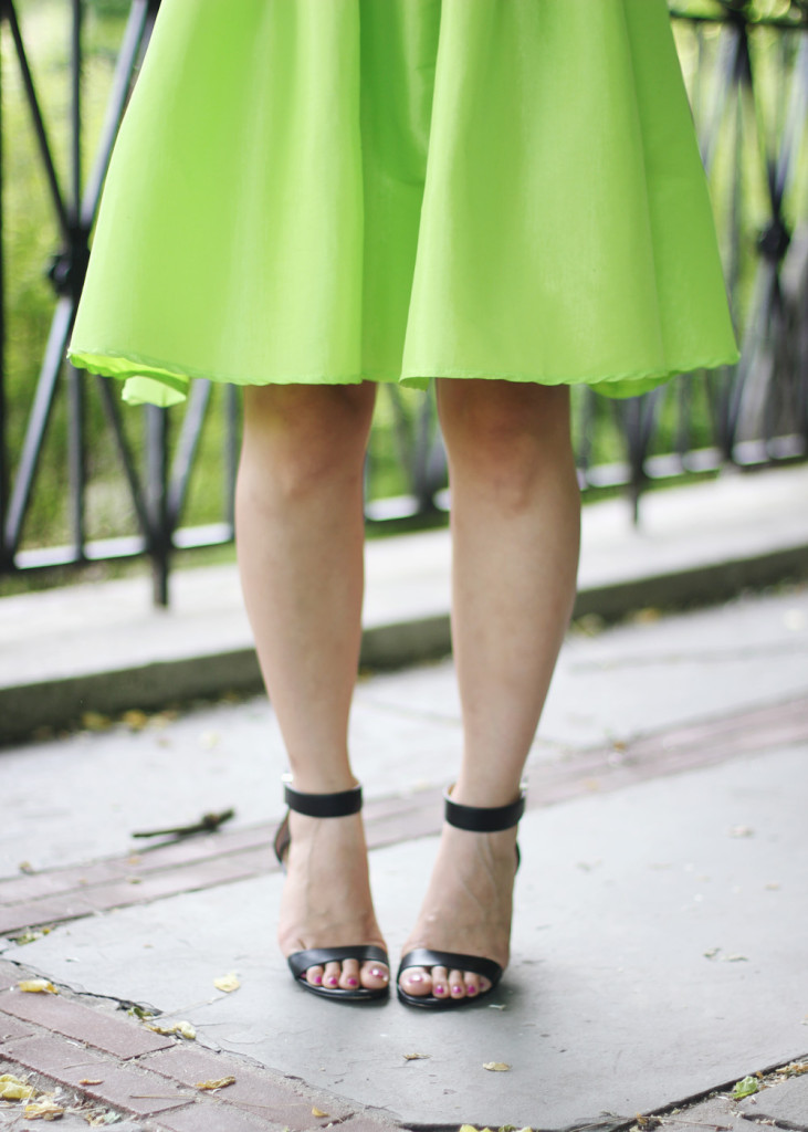 Neon Midi Skirt & Black Ankle Strap Heels