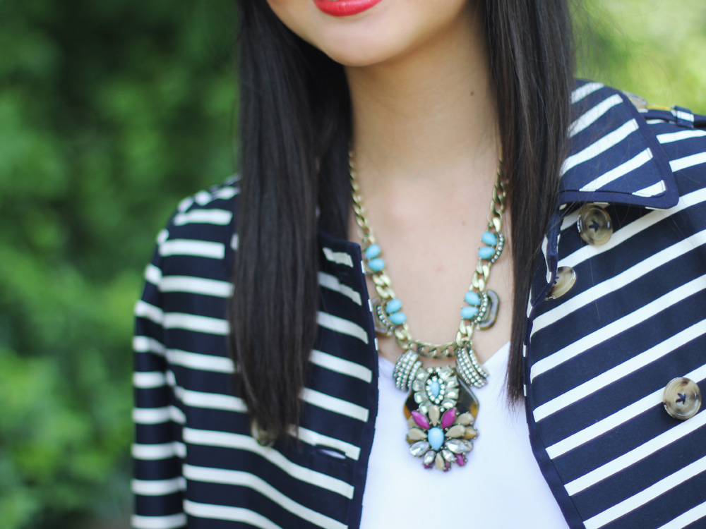 Statement Necklace & Striped Trench Coat