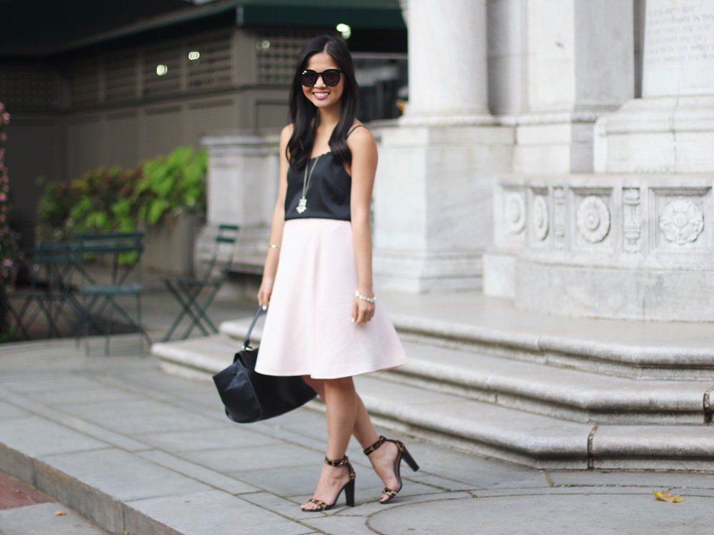 Pale Pink Skirt & Leopard Heels