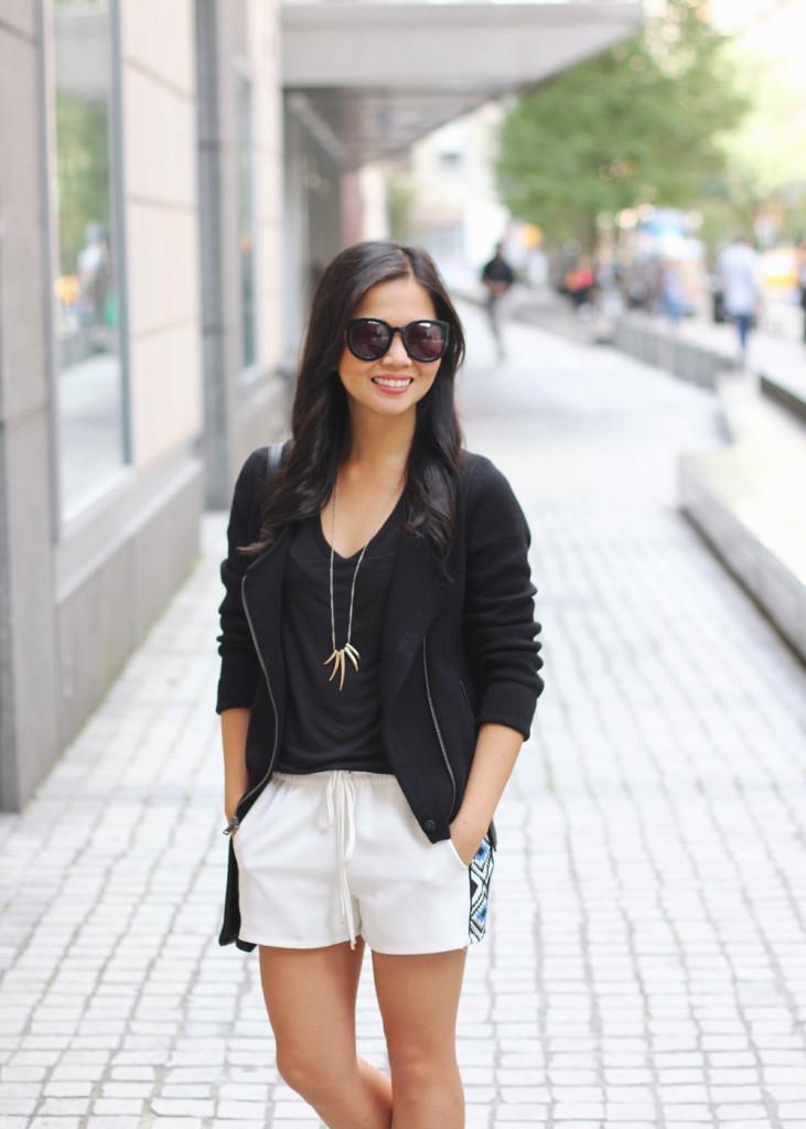 Black Knit Moto Jacket & White Drawstring Shorts