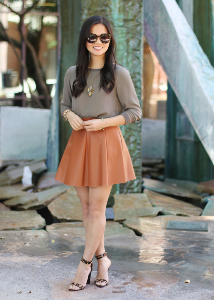 Olive Silk Sweatshirt & Brown Faux Leather Skirt