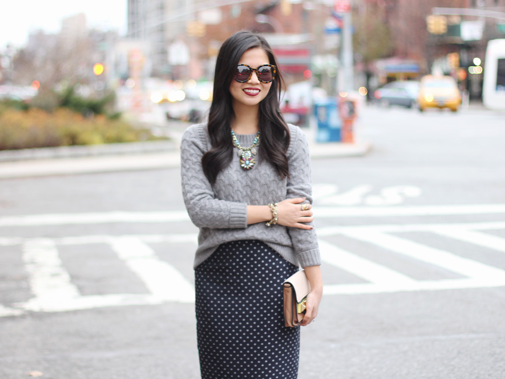 Skirt The Rules // Cable Knit Sweater & Navy Polka Dot Pencil Skirt
