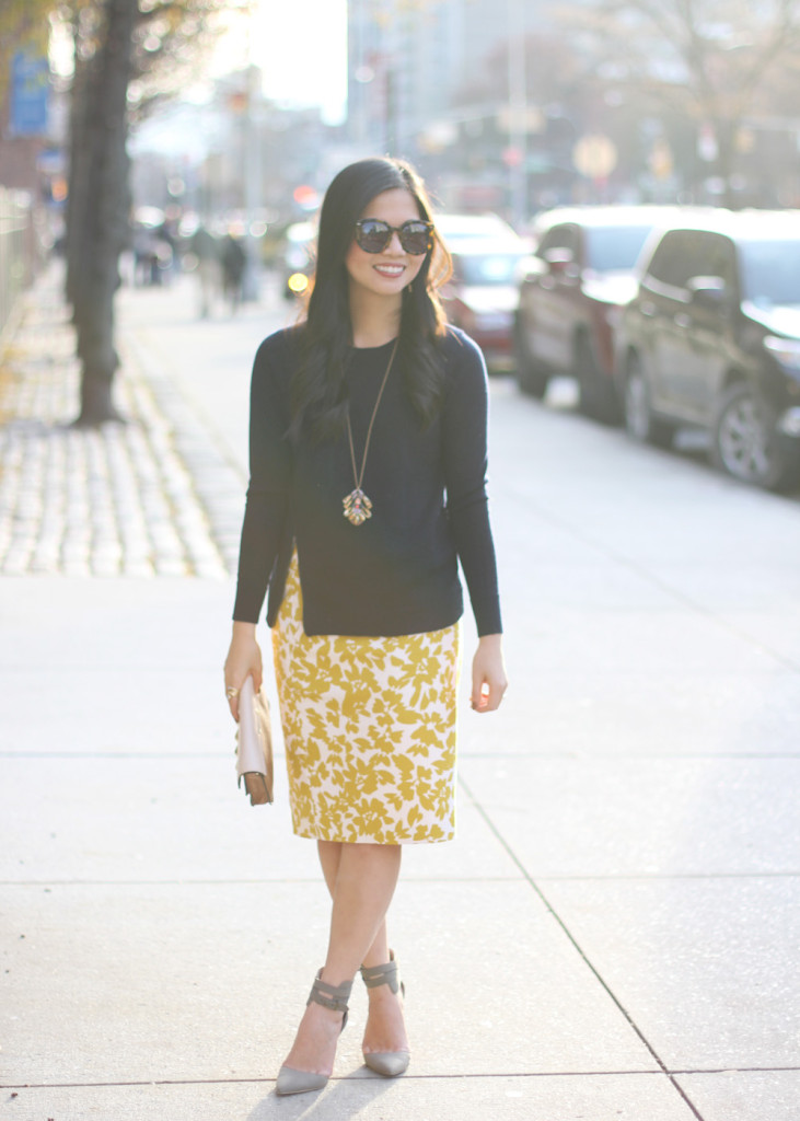 Navy Sweater & Yellow Floral Pencil Skirt