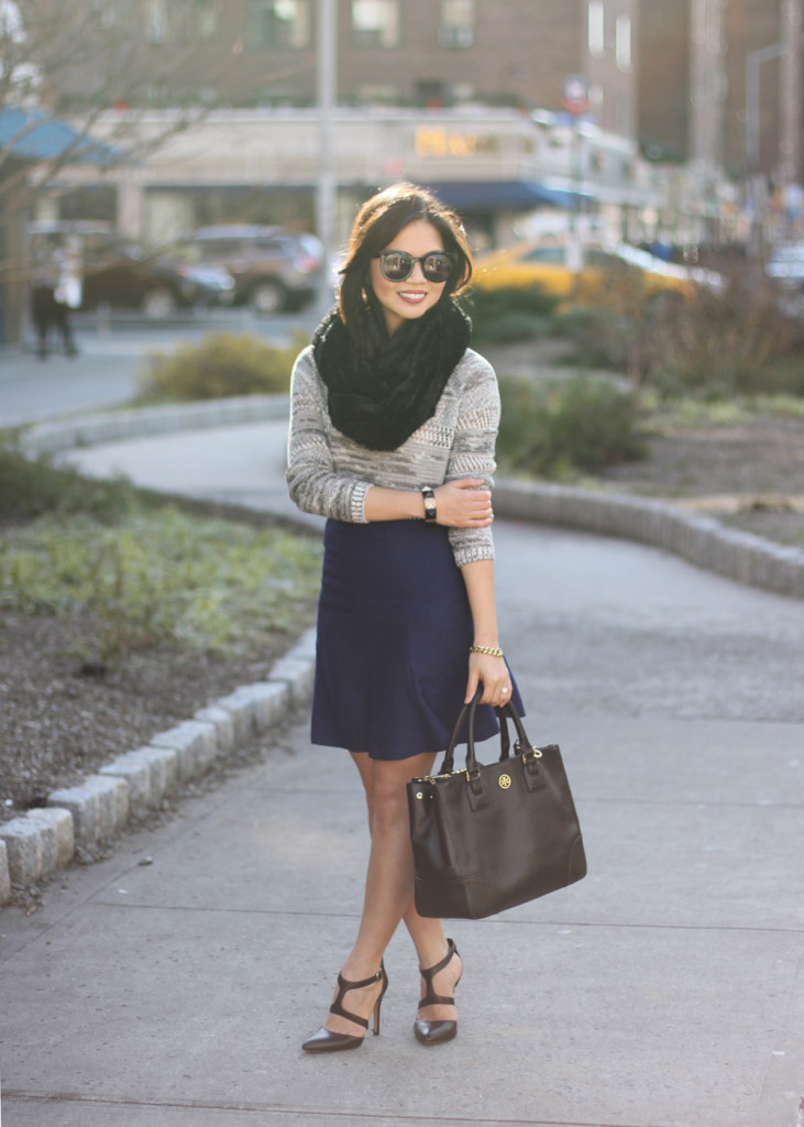 Knit Sweater & Textured Flare Skirt
