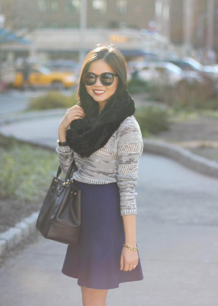 Black & White Pepper Sweater & Blue Textured Skirt