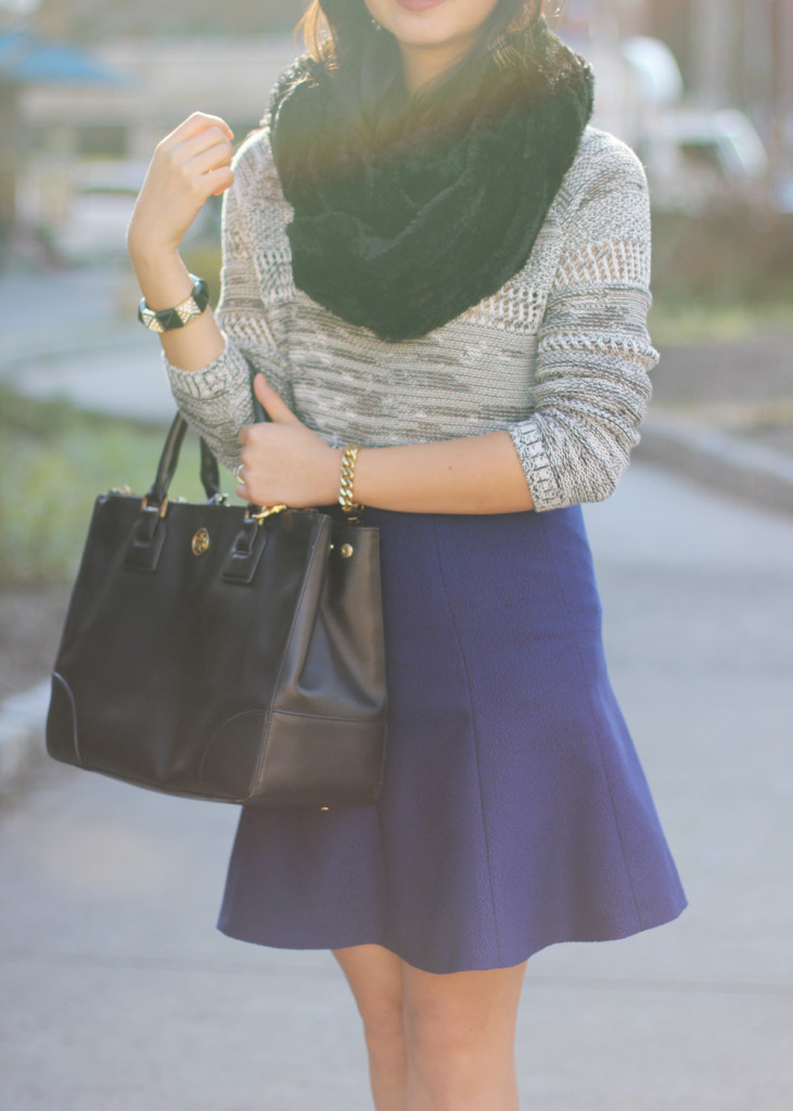 Black & White Pepper Sweater & Blue Textured Skirt