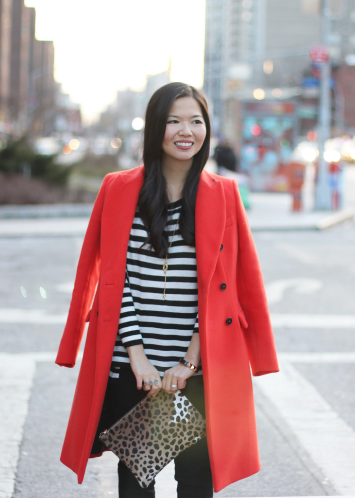 Red Coat & Striped Sweater