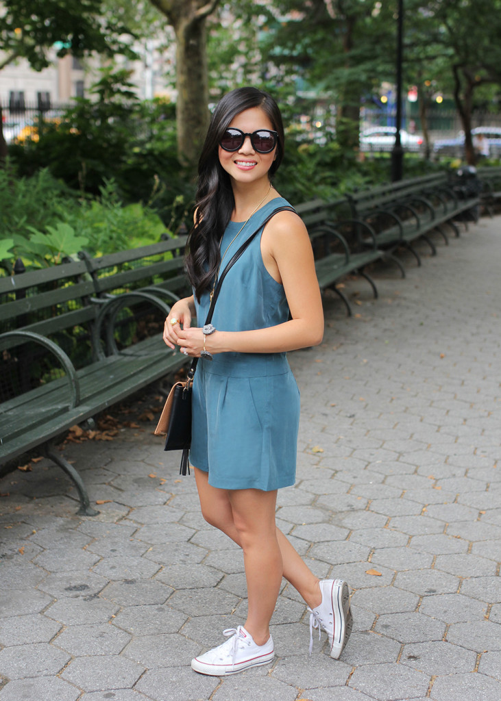 Skirt The Rules // Teal Silk Romper with Sneakers