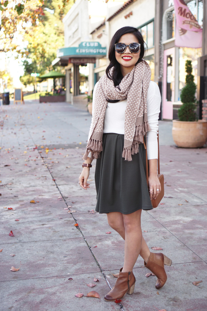 Skirt The Rules / Scarf, Sweater & Mini Skirt Outfit
