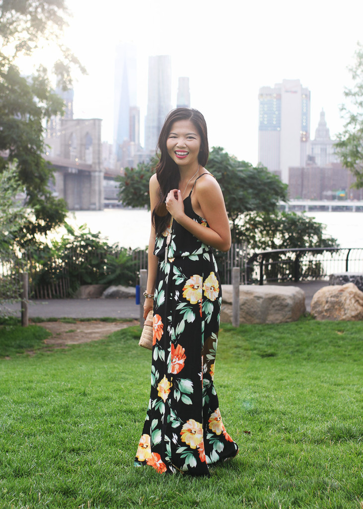 Cute Summer Outfit / Floral Print Maxi & Straw Clutch