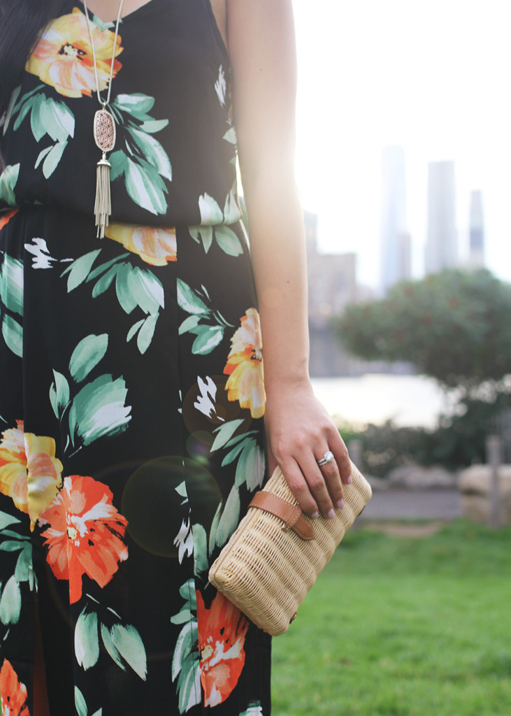 Cute Summer Outfit / Floral Print Maxi & Straw Clutch