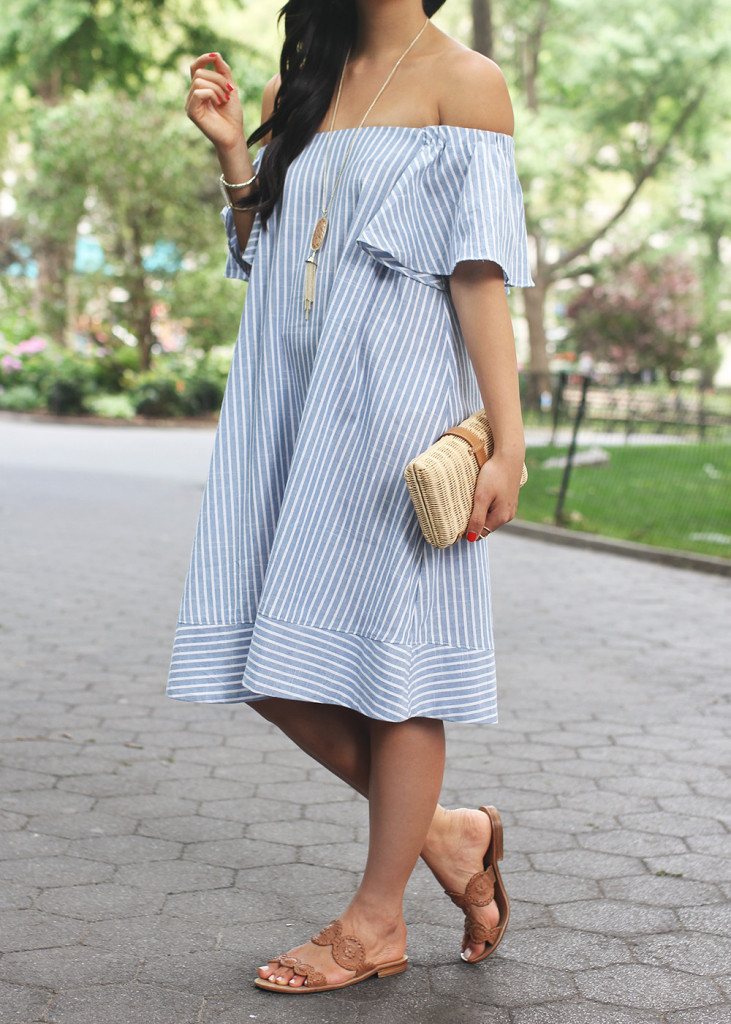 Blue & White Striped Off the Shoulder Dress
