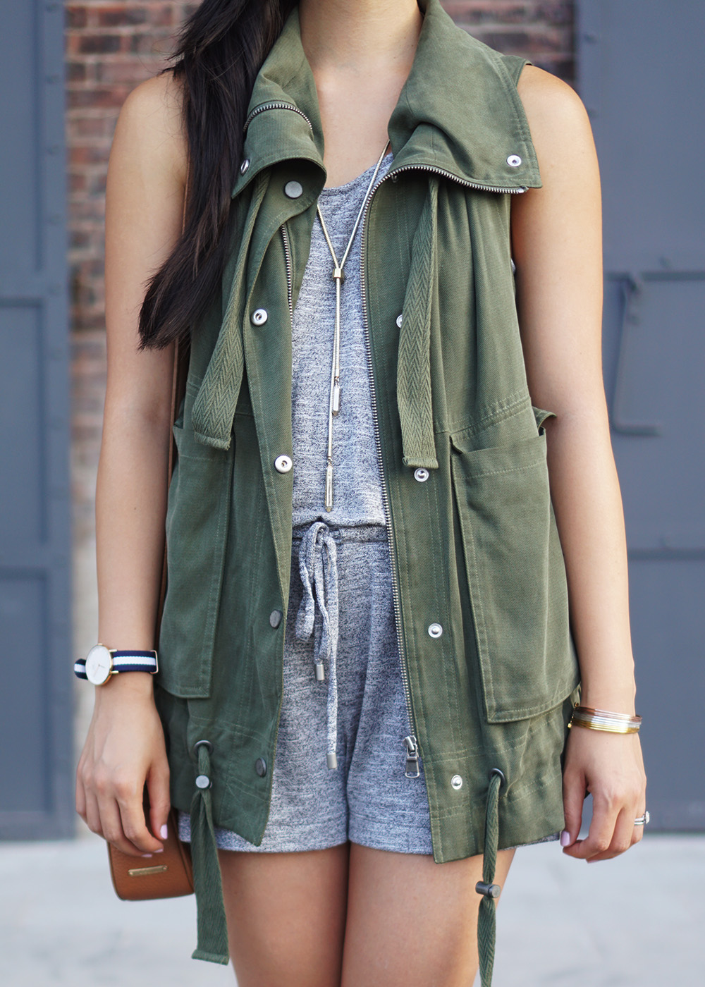 Fall Transition Outfit / Army Green Vest & Grey Romper
