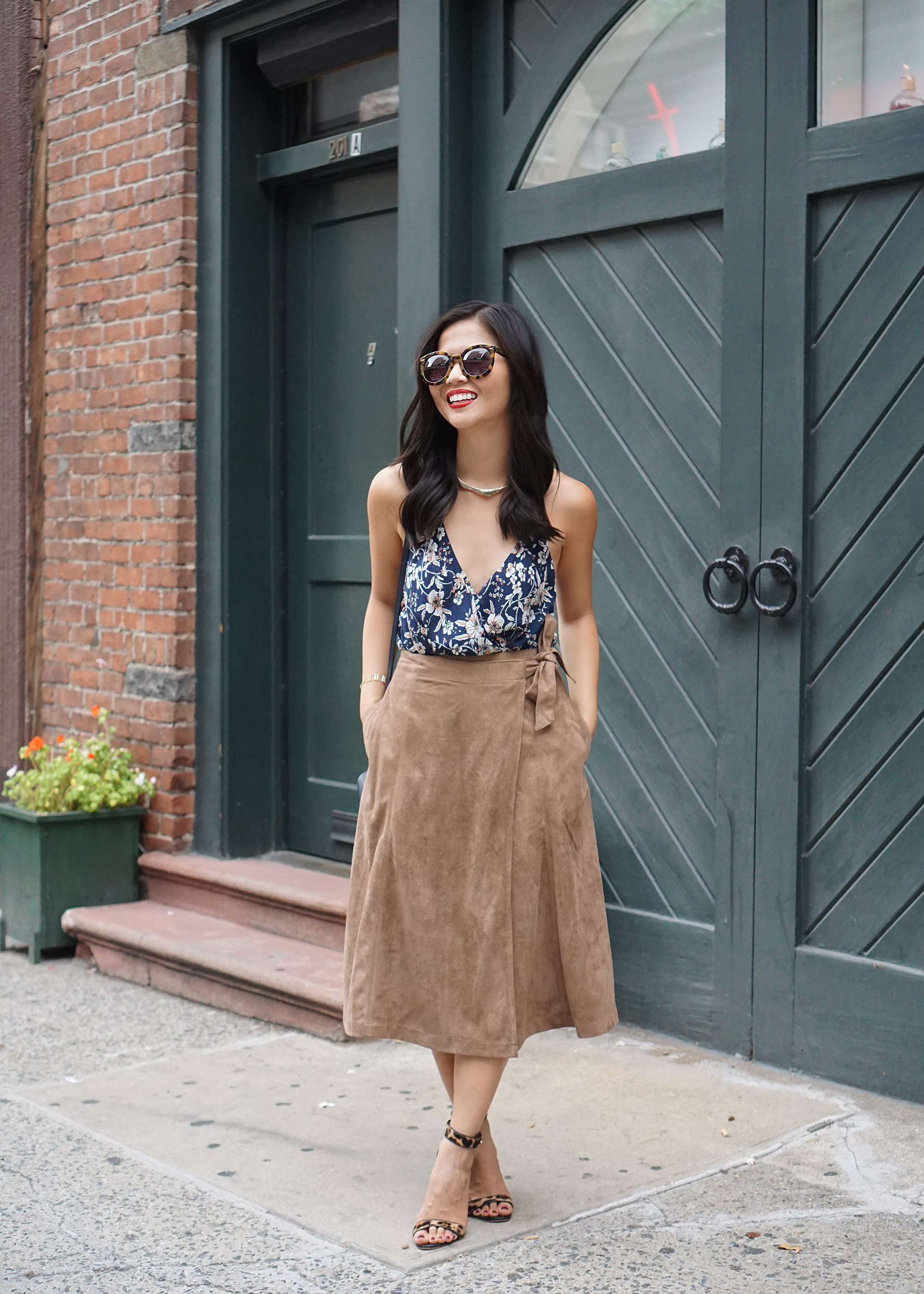 Skirt The Rules / Fall Floral Top & Suede Midi Skirt