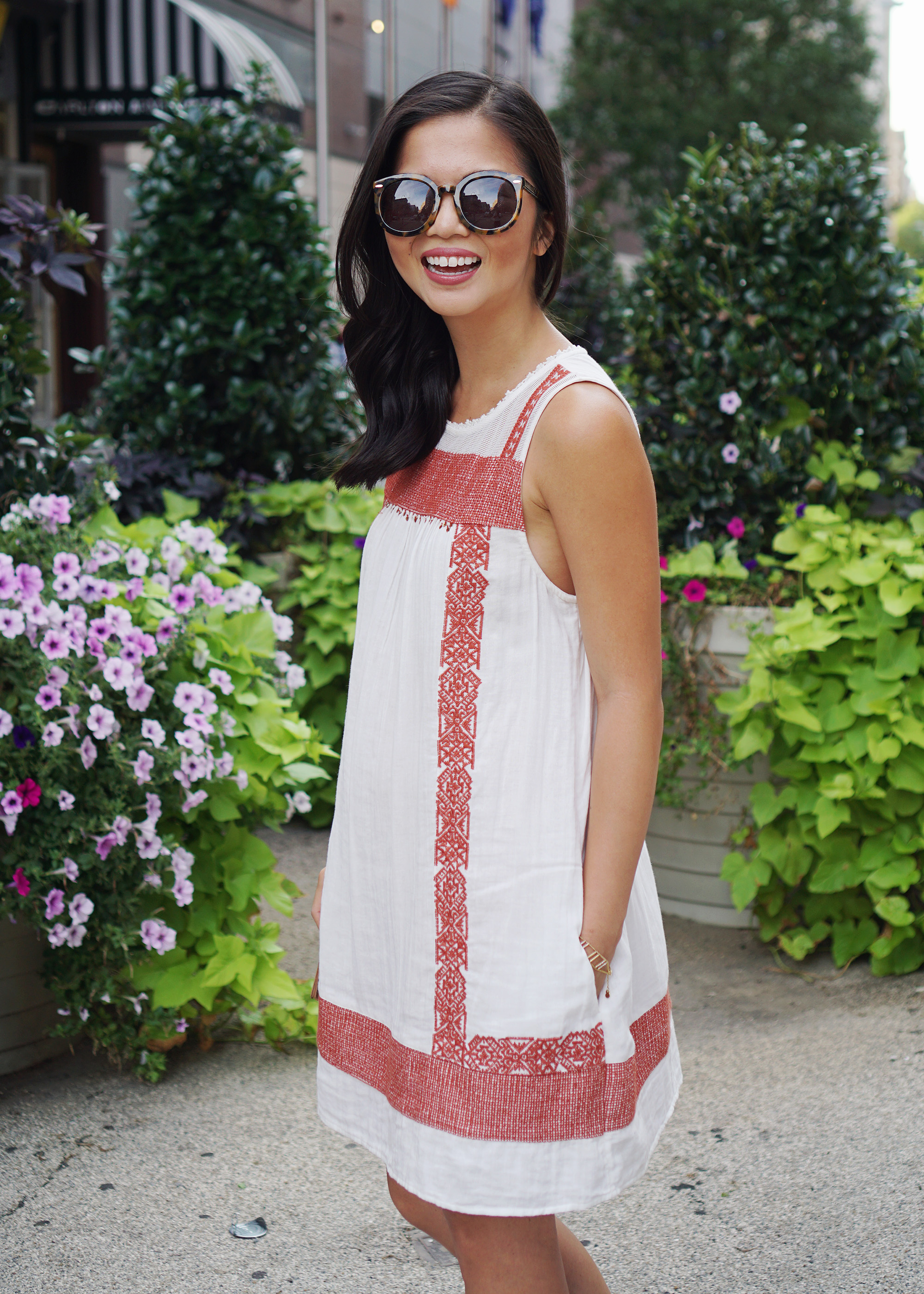 Casual Style / White Embroidered Dress with Pockets