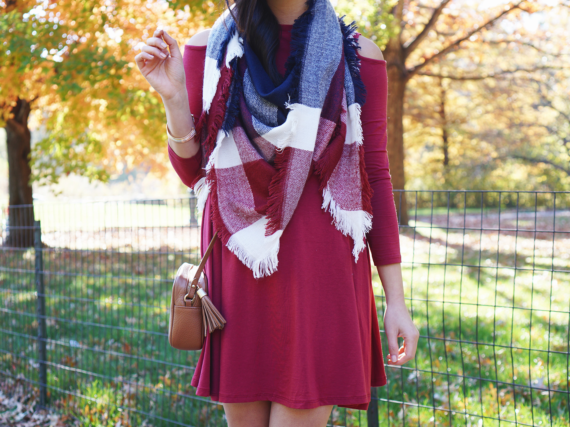 Fall Style: Cold Shoulder Dress & Blanket Scarf
