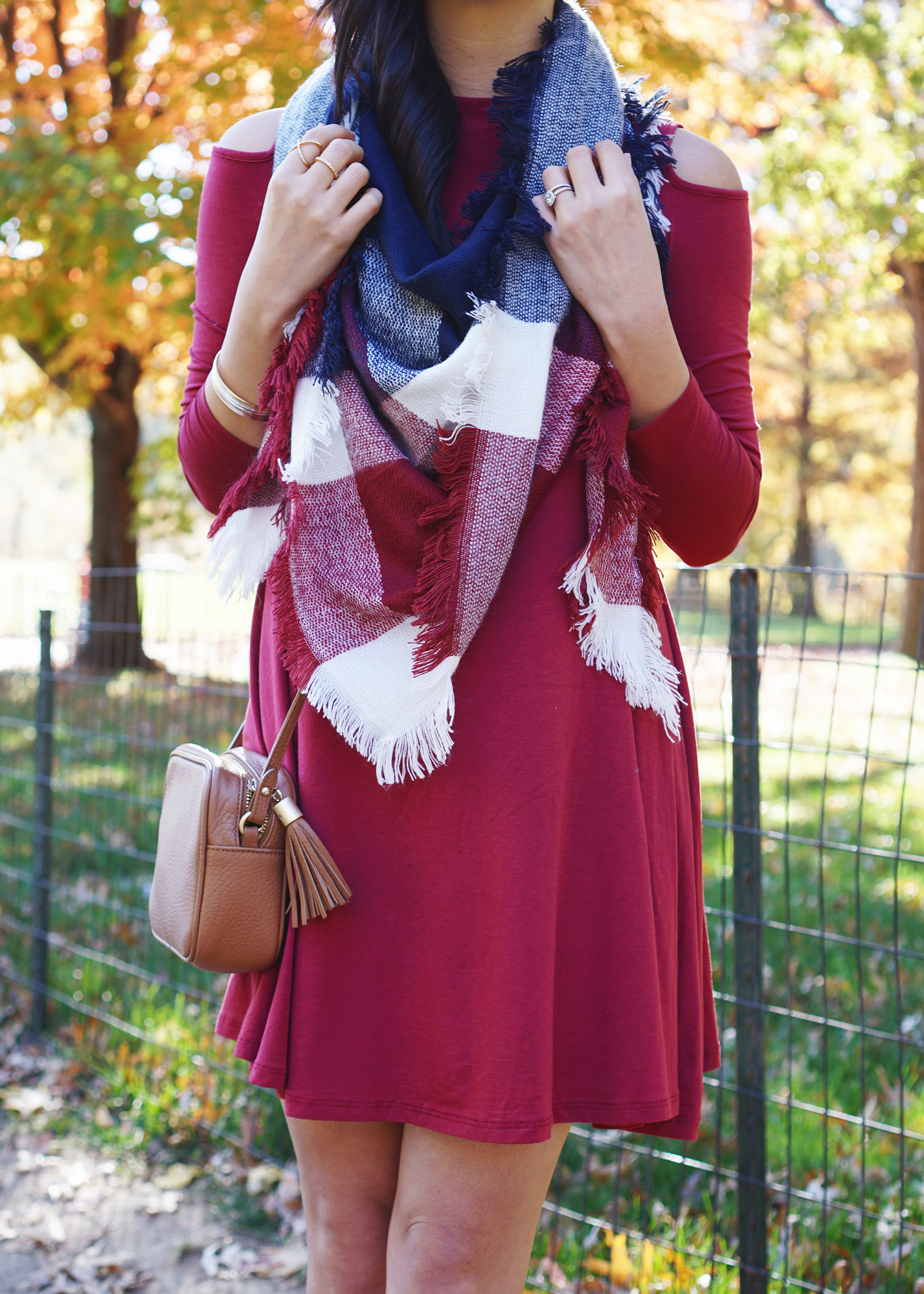 Cozy Fall Outfit: Plaid Blanket Scarf & Swing Dress