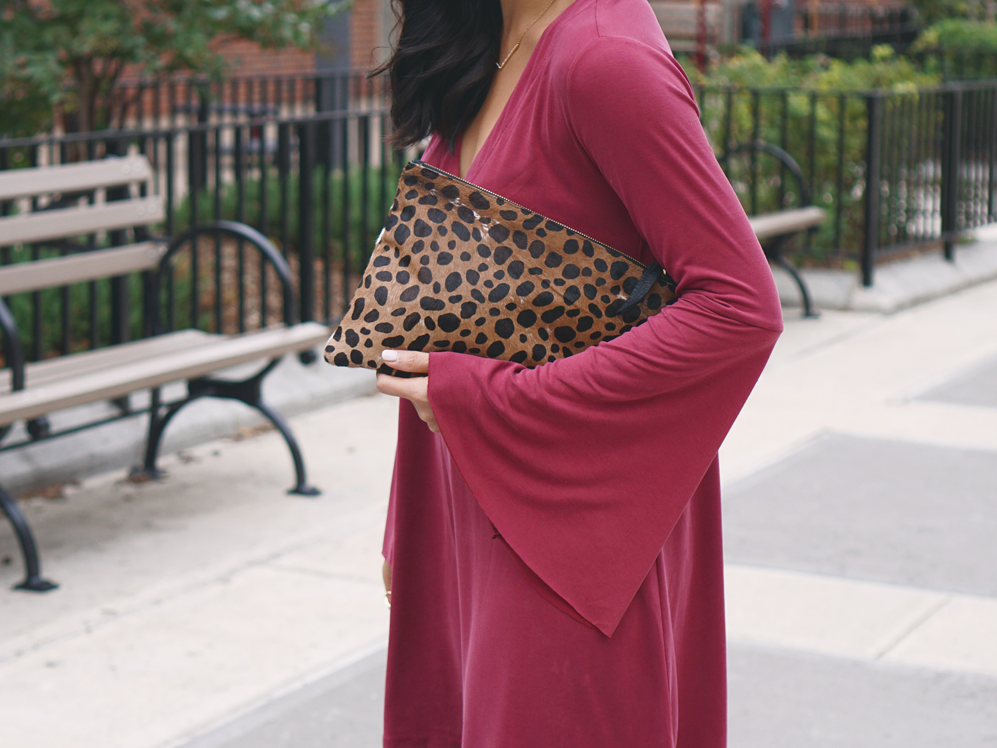 Dark Pink Bell Sleeve Dress & Leopard Clutch