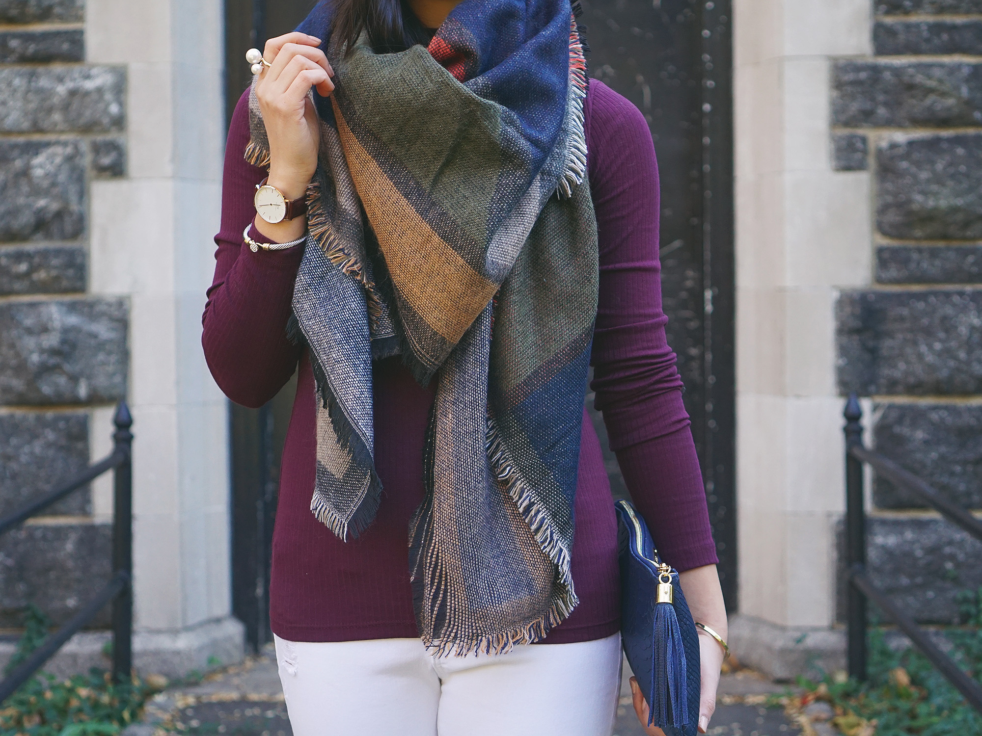 Cozy Fall Outfit: Geo Print Blanket Scarf