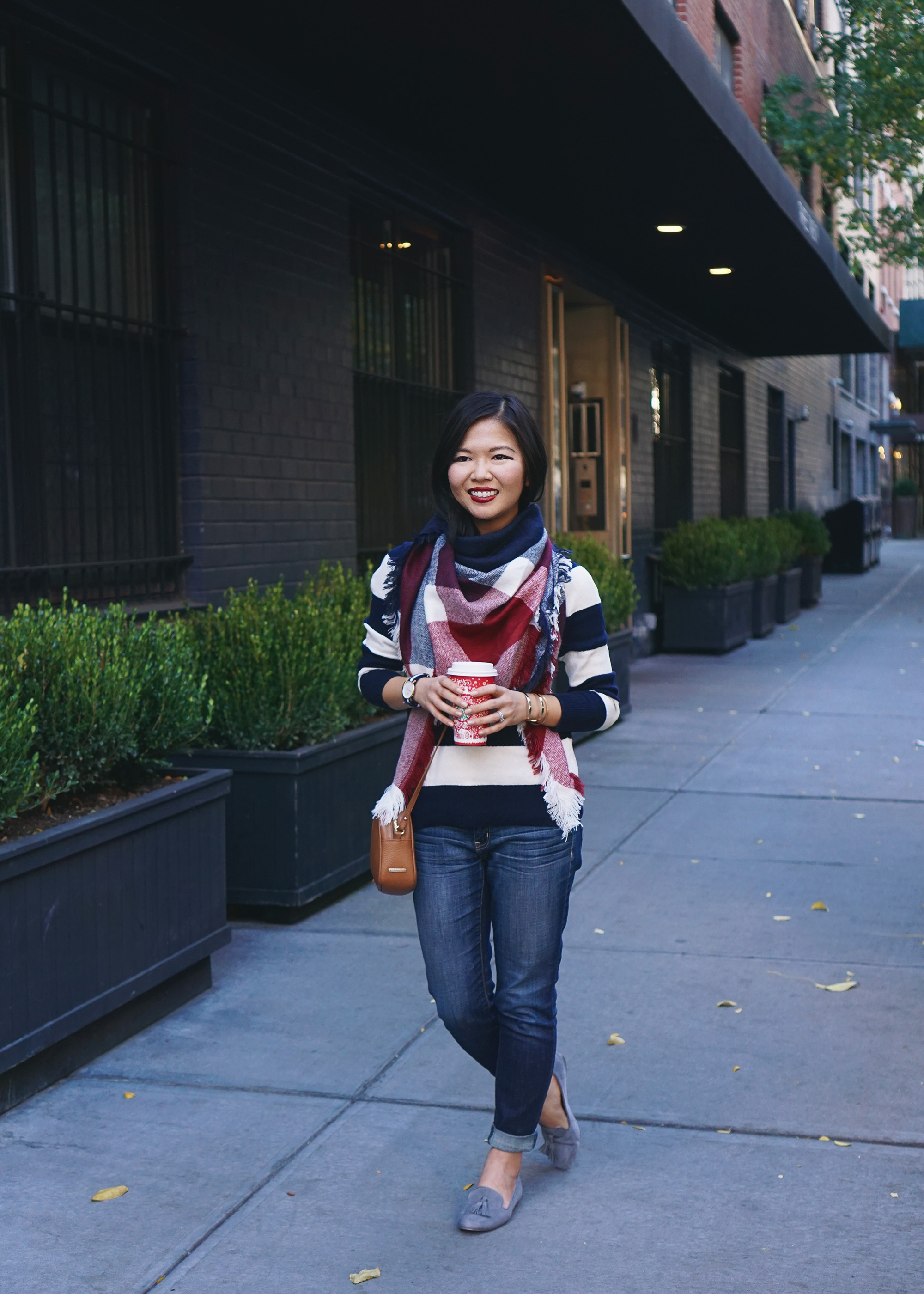 Preppy Weekend Outfit: Navy Striped Sweater & Plaid Blanket Scar